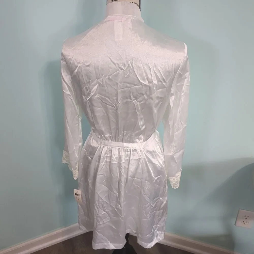 Oscar de la Renta Pink Label White Satin Bridal Robe Lace Trim medium new with t